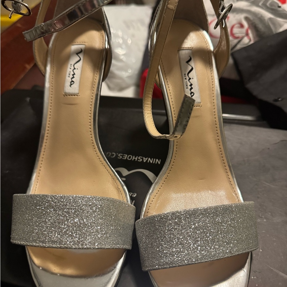 Nina Shoes Silver Glitter Heels with Ankle Strap